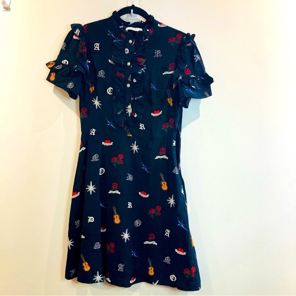 SANDRO PARIS Sz 3 (EU) US S Tattoo Print Ruffles Neckline Sleeves A-Line Dress - Picture 3 of 15